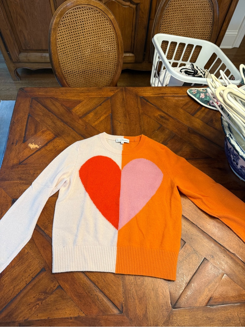 White + Warren Split Heart Crewneck Sweater in Orange, Pink, Cream